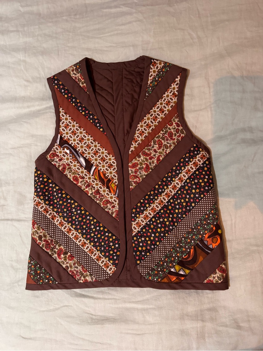 Vintage Brown Multi-Pattern Quilted Tunic Vest
